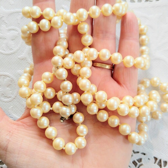 SALE X LONG Vintage Glass Champagne Pearl Necklace - Picture 7 of 7